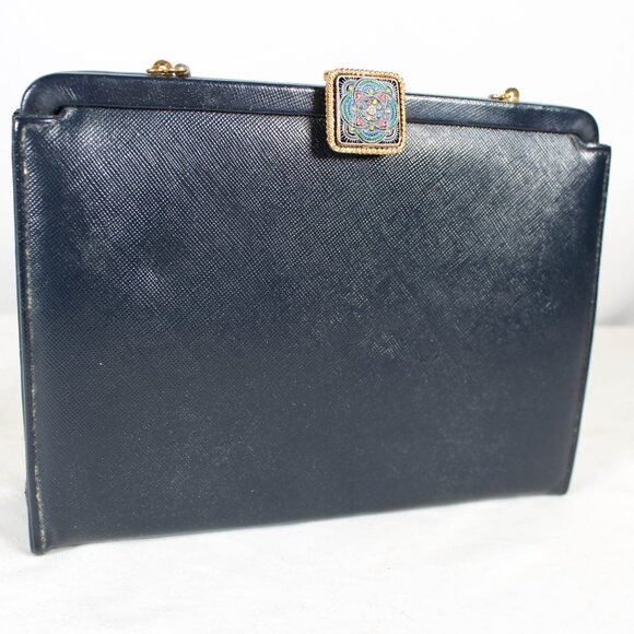 Vintage 1950s Navy Faux Leather Handbag with Art Deco Latch & Metal Chain - Picture 3 of 16